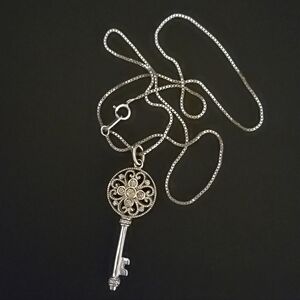 925 Sterling Silver JWBR Natural White Round Diamond Key Pendant Necklace 18"